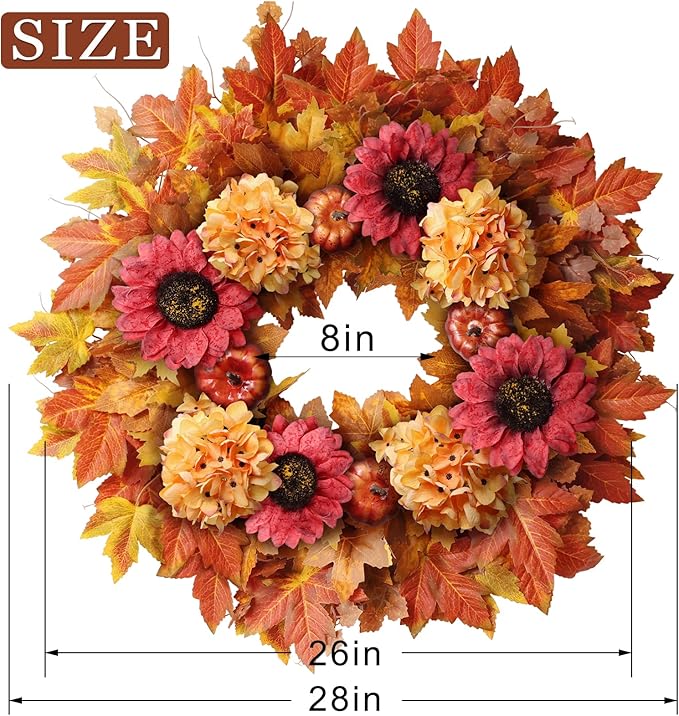 Large 28-inch fall wreath with artificial maple leaves, sunflowers, hydrangeas, and pumpkins for front door or porch decor.
