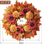 Large 28-inch fall wreath with artificial maple leaves, sunflowers, hydrangeas, and pumpkins for front door or porch decor.