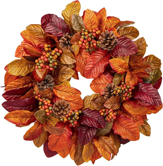 CozyNest Decor fall wreath with autumn magnolia leaves, fruit accents, and harvest elements for front door or outdoor porch decor.