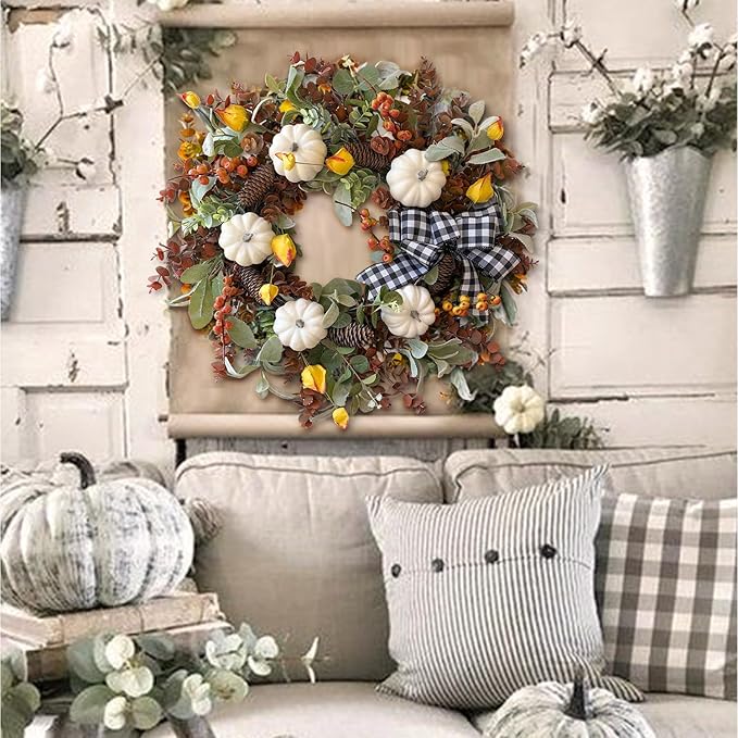 Large farmhouse fall wreath by CozyNest Decor featuring white pumpkin, cotton, lamb's ear, and eucalyptus leaves for autumn decor.