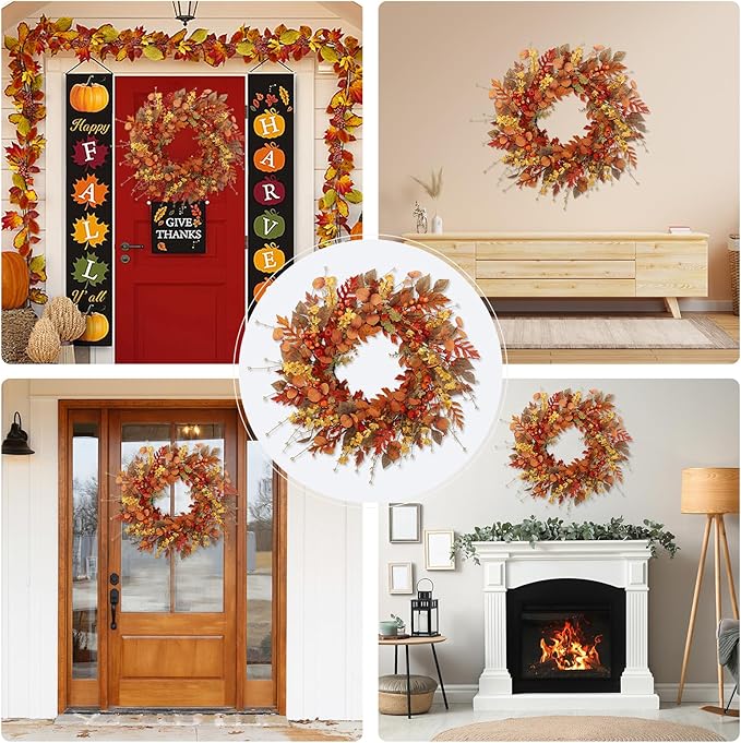 CozyNest Decor 22-inch artificial fall wreath with red berries, fall leaves, perfect for front door, porch, or wall decor.