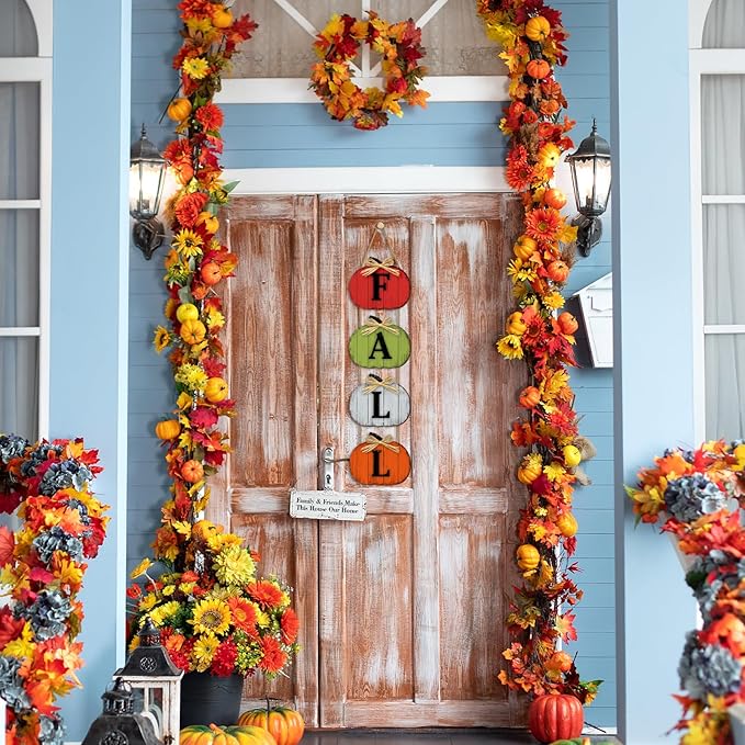 Rustic farmhouse fall pumpkin door sign by CozyNest Decor, wooden autumn wall decoration for porch and yard seasonal decor