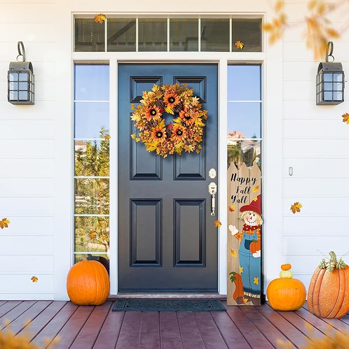 CozyNest Decor 24-inch artificial fall wreath with orange sunflowers, maple leaves, and berries for front door or wall decor.