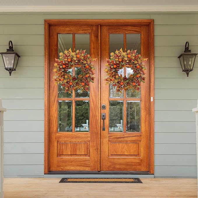 CozyNest Decor 22-inch artificial fall wreath with pumpkins and maple leaves, perfect for front door, porch, or wall decor.