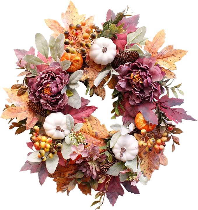 CozyNest Decor 20-inch fall wreath with white pumpkins, peonies, pine cones for front door indoor or outdoor autumn and Thanksgiving decor.