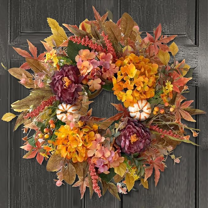 CozyNest Decor 24-inch fall wreath with hydrangea, peony, and white pumpkins, perfect for front door autumn and holiday decor