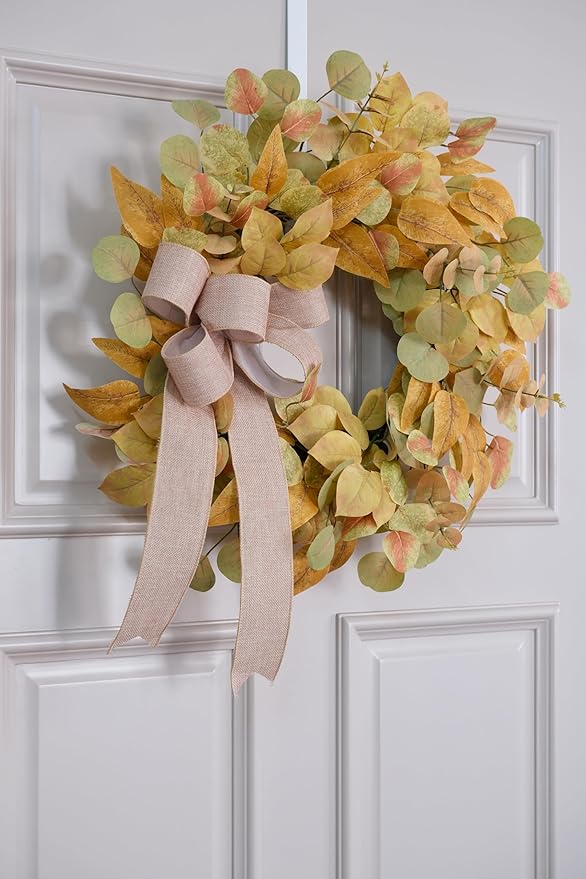 Fall wreath for front door with autumn-colored faux leaves and bow, cozyNest Decor 24-inch minimalist autumn decoration for home.