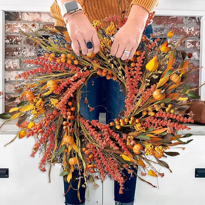 CozyNest Decor 24-inch fall wreath with pumpkins, hawthorn, berries, eucalyptus leaves, and lantern for autumn or Thanksgiving decor.