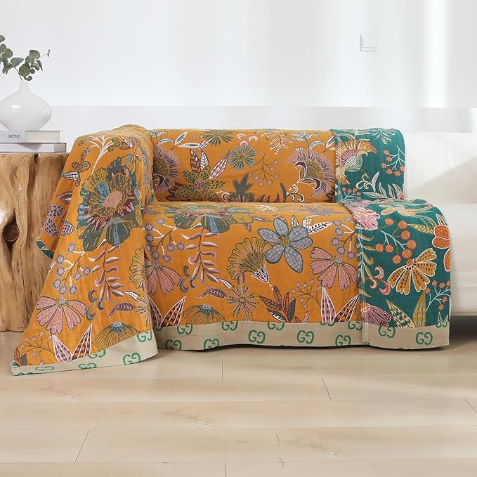 Reversible boho cotton throw blanket with vintage floral design in yellow and green, perfect for bed or sofa, 60x80 inches.