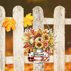 CozyNest Decor Thanksgiving welcome door sign with pumpkin and autumn harvest design, wooden porch decor for fall and housewarming.
