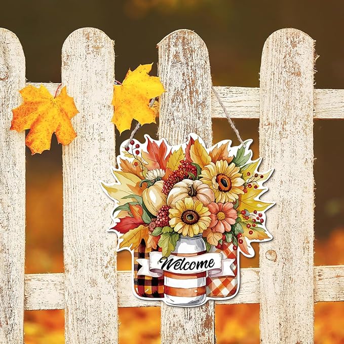 CozyNest Decor Thanksgiving welcome door sign with pumpkin and autumn harvest design, wooden porch decor for fall and housewarming.