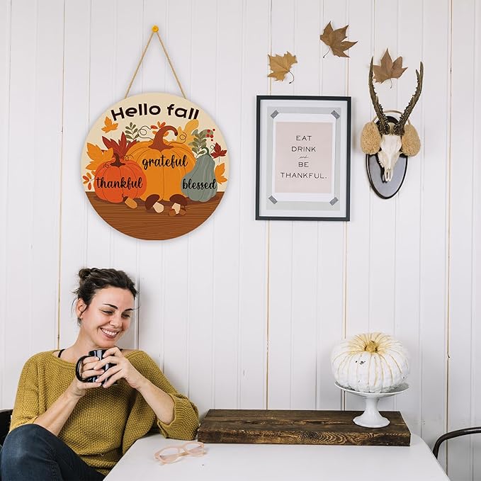 Rustic round wood wreath with maple leaves garland for fall home decor, suitable for front door, porch, or wall decoration