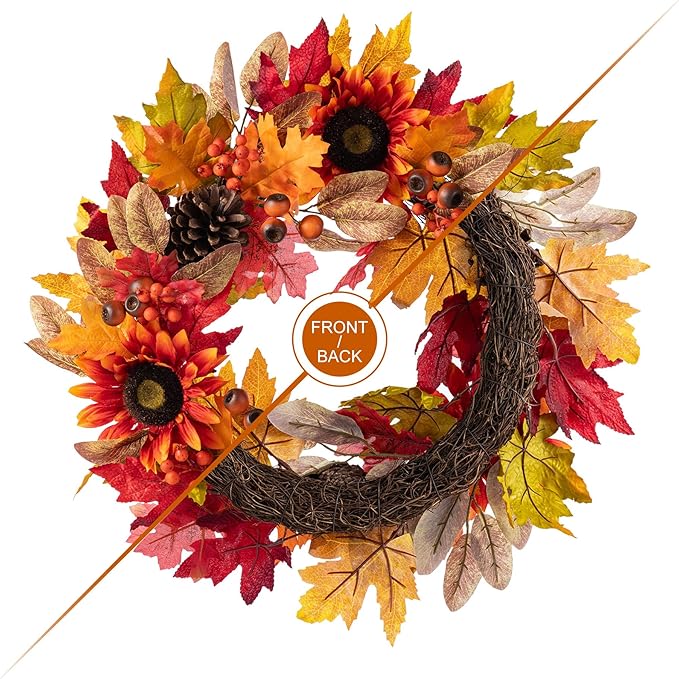 CozyNest Decor 24-inch artificial fall wreath with sunflowers, pinecones, and berries, perfect for front door or indoor holiday decor