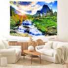 CozyNest Decor mountain waterfall tapestry featuring sunset forest trees, tropical rainforest scenery for bedroom or living room decor.