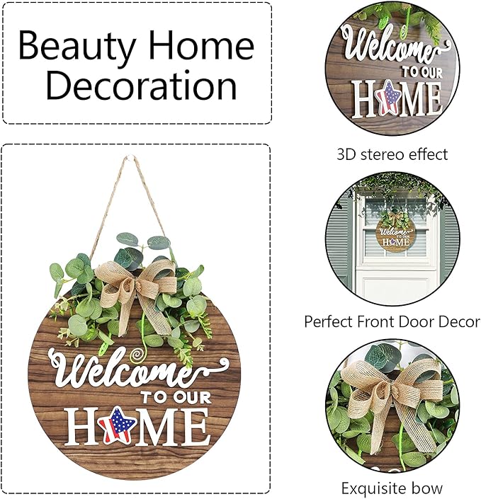 Rustic round wood wreath with seasonal welcome sign from CozyNest Decor, ideal for front door or outdoor porch decoration.