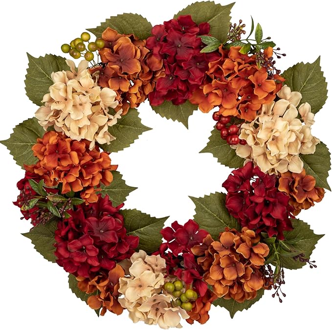 20-inch CozyNest Decor fall wreath with hydrangeas, berries, and autumn flowers for farmhouse Thanksgiving and outdoor door decor