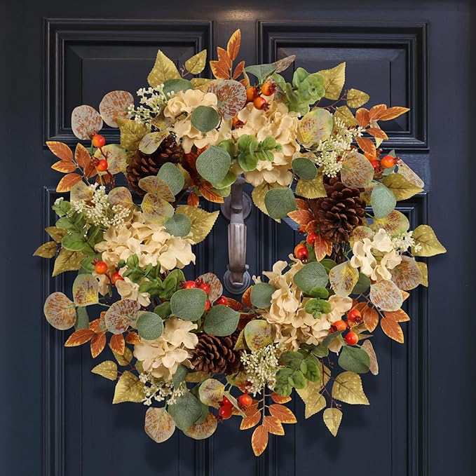Fall hydrangea wreath with eucalyptus, pinecones, and orange berries, rustic and durable for indoor or outdoor autumn decor.