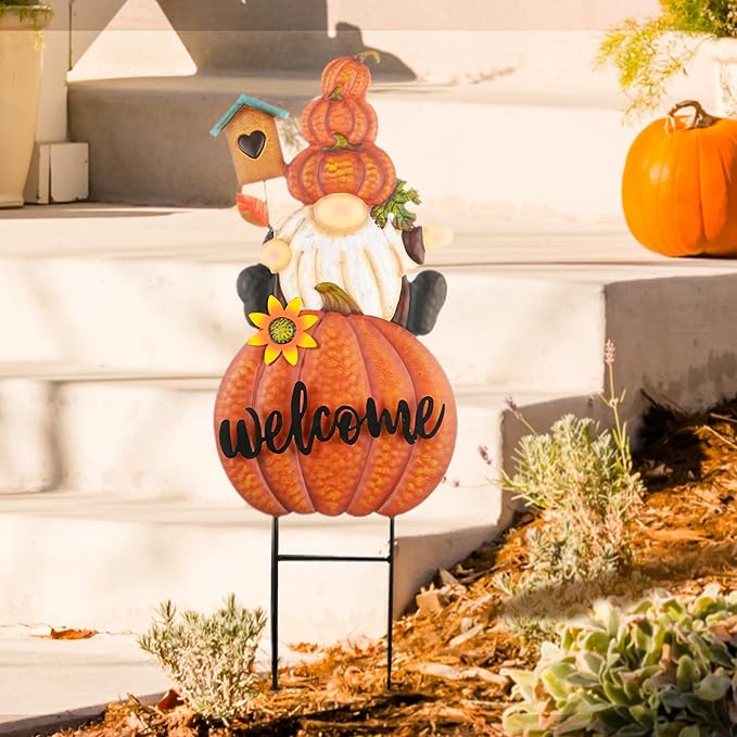CozyNest Decor fall gnome pumpkin garden stake with orange autumn design, decorative outdoor yard sign for Thanksgiving and harvest decor