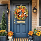CozyNest Decor 24-inch fall wreath with pumpkins, peonies, sunflowers, and dahlias, ideal for front door autumn decor.