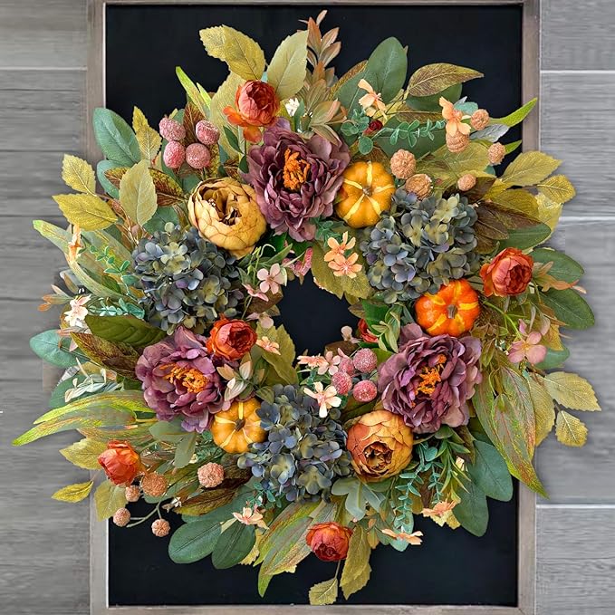 CozyNest Decor 24-inch fall wreath with blue hydrangea, purple peony, orange pumpkins, perfect for front door autumn decor