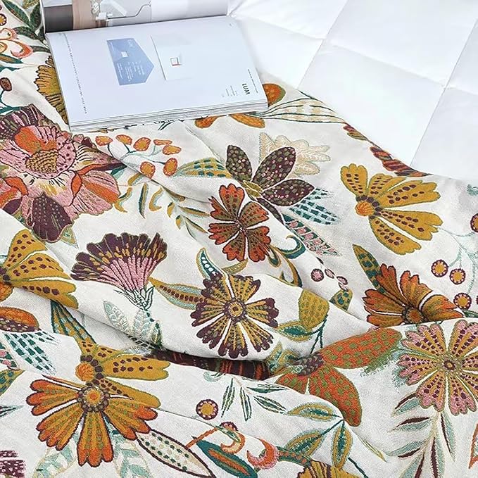CozyNest Decor boho muslin twin size cotton blanket with colorful floral pattern, soft 4-layer gauze summer bed coverlet, 60x80 inches