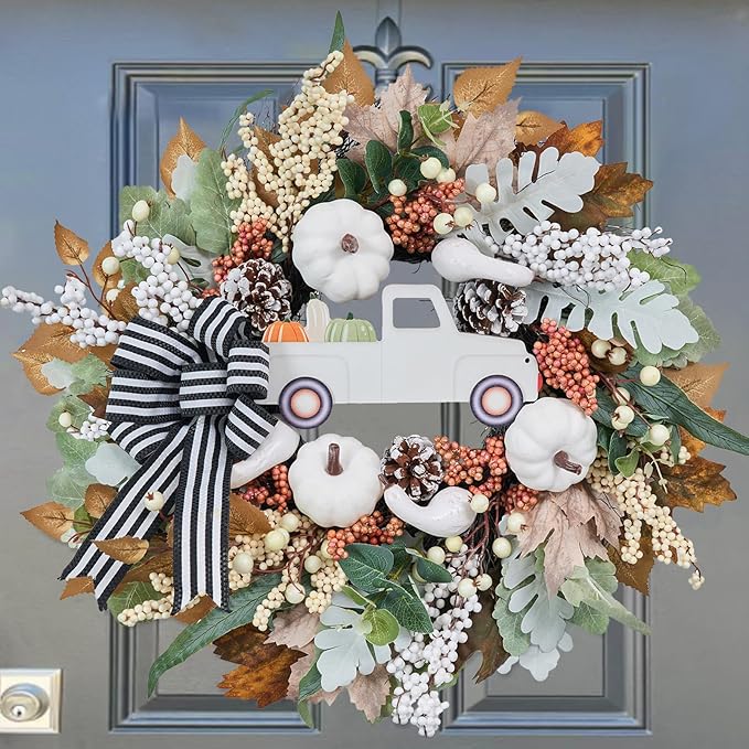 20-inch fall wreath by CozyNest Decor featuring white pumpkin, truck, and bow for front door harvest porch decor.