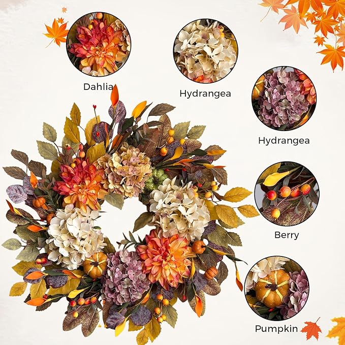 24-inch fall wreath with beige hydrangea, orange dahlia, pumpkins, and autumn accents for front door decor by CozyNest Decor