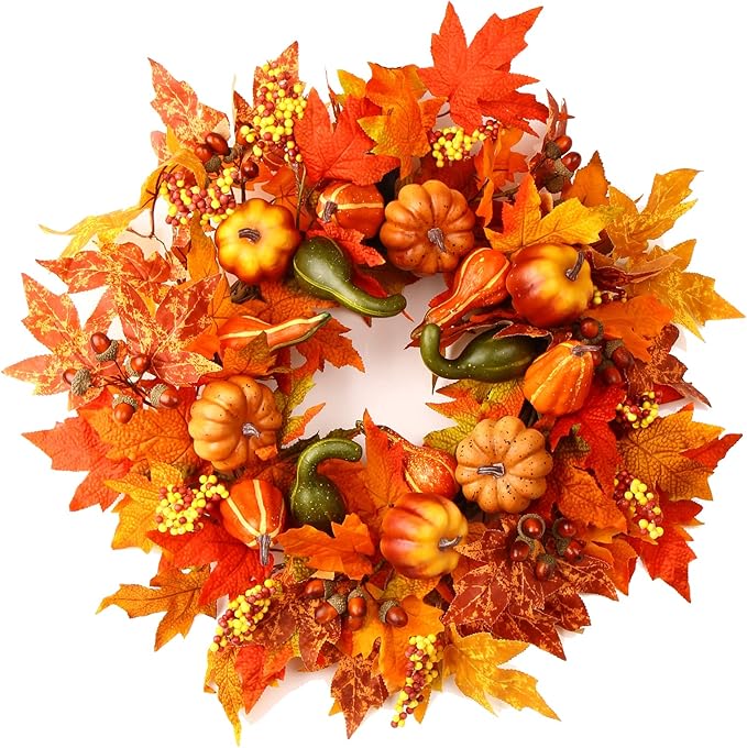 CozyNest Decor 24-inch fall wreath with pumpkins, berries, and maple leaves, perfect for front door Halloween or Thanksgiving decor.