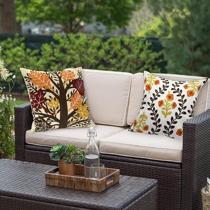 CozyNest Decor Alysheer embroidered fall throw pillow cover with tufted maple leaf embroidery in orange cotton canvas, 18x18 inches.
