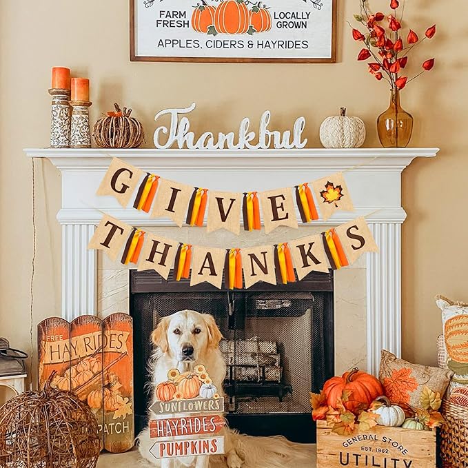 Thanksgiving maple leaf burlap pennant banner with "Give Thanks" sign, fall ribbon, perfect for autumn harvest and birthday decorations.