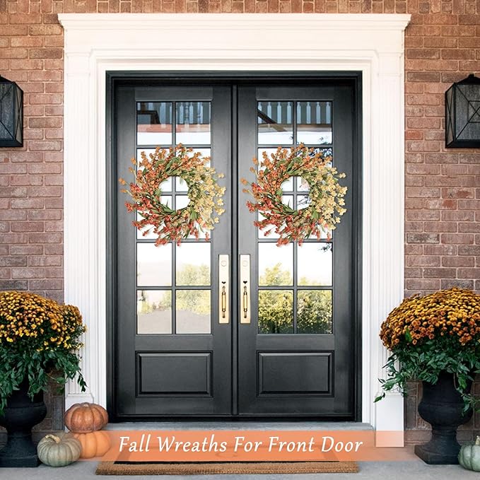 White and orange fall floral wreath for front door, CozyNest Decor 24-inch outdoor and indoor autumn door wreath.