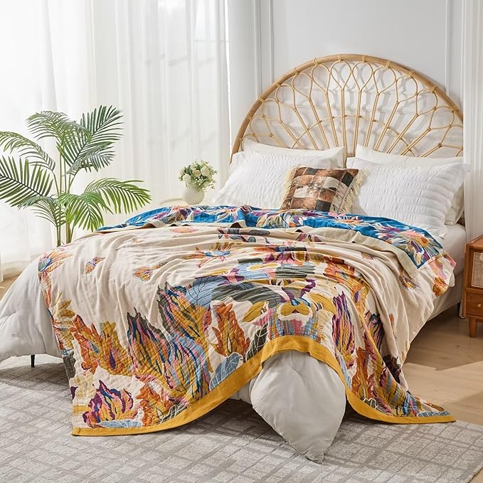Colorful boho floral bird throw blanket for bed, lightweight reversible quilt by CozyNest Decor, queen size, soft cotton, all-season use.