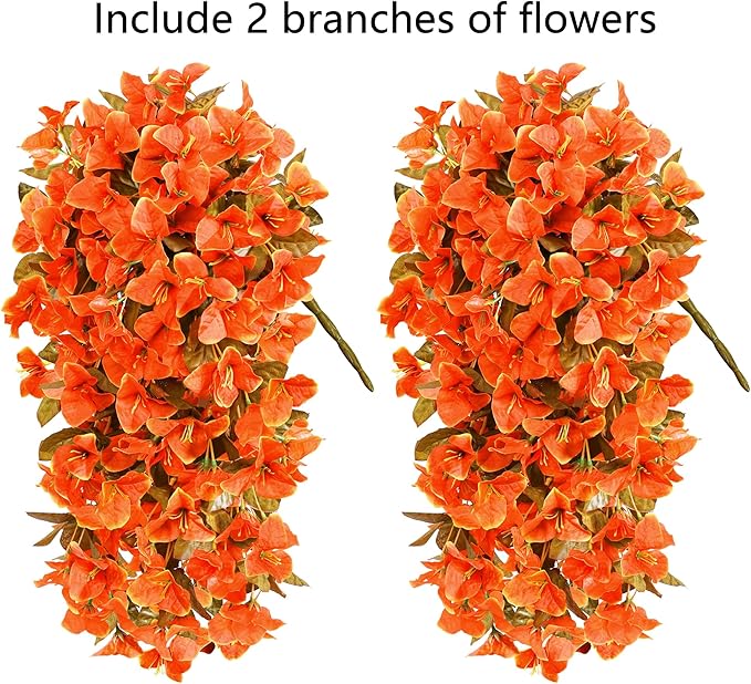 Two artificial bougainvillea flowers vines in orange, UV resistant silk for outdoor fall porch decor, front door, or patio planter.