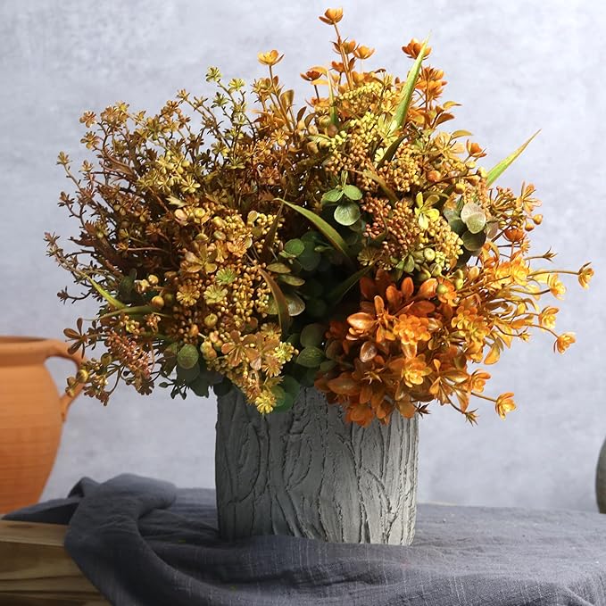 Six bundles of artificial fall flowers with green leaves and mixed colors for autumn decor, perfect for indoor or outdoor arrangements.