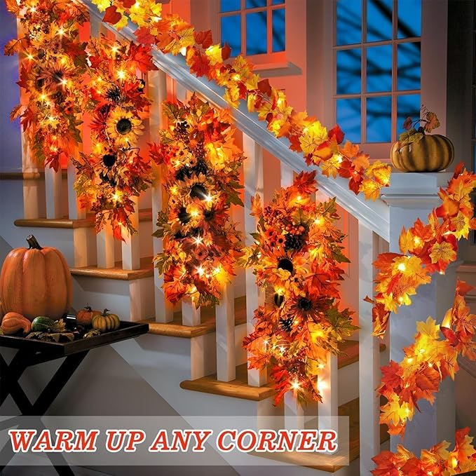 CozyNest Decor 4-pack fall garland with maple leaves and lights, 23.6 ft, for indoor or outdoor autumn and holiday decorations.