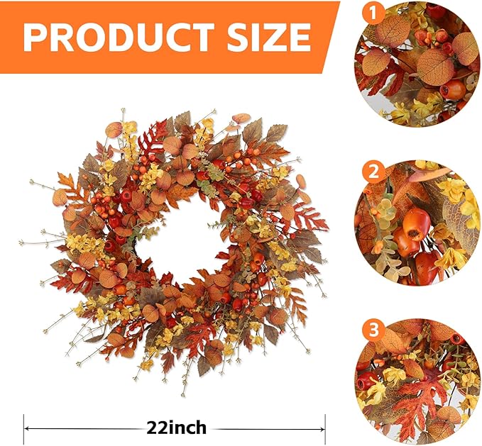 CozyNest Decor 22-inch artificial fall wreath with red berries, fall leaves, perfect for front door, porch, or wall autumn decor.
