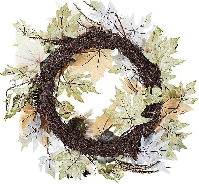 CozyNest Decor 24-inch artificial pumpkin sunflower fall wreath with rustic white accents, ideal for farmhouse door or home decor.