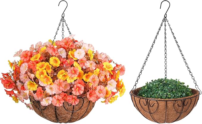 Artificial fall flowers hanging basket with silk morning glory and eucalyptus, UV resistant outdoor decoration for porch or balcony.