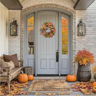 24-inch handmade fall wreath with artificial autumn leaves, pinecones, berries, and wheat for farmhouse door or wall decor.