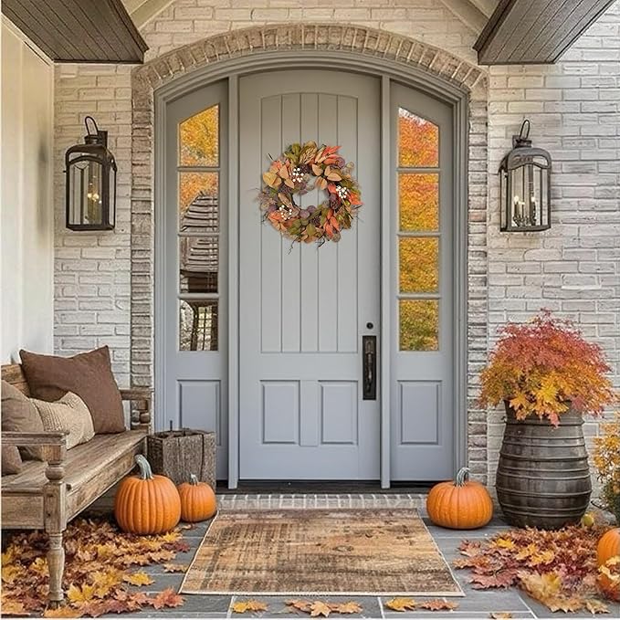 24-inch handmade fall wreath with artificial autumn leaves, pinecones, berries, and wheat for farmhouse door or wall decor.