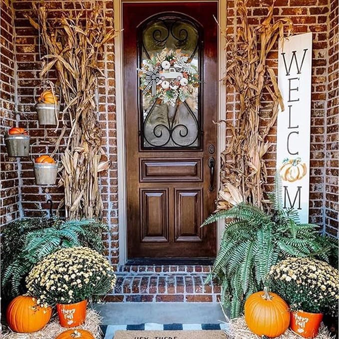 CozyNest Decor 20-inch fall wreath featuring white pumpkins, a rustic truck, and bow, perfect for front door or porch decor.