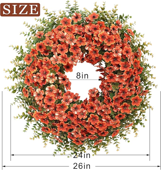 CozyNest Decor 26-inch fall wreath with artificial boxwood leaves, faux daisies, eucalyptus, ideal for front door, porch, or window decor