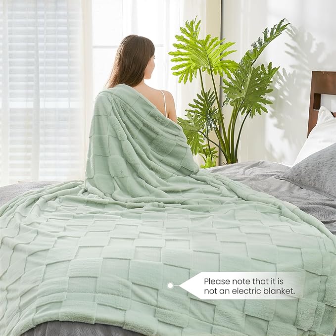 CozyNest Decor quilted white faux rabbit fur throw blanket with checkered pattern, soft and fluffy for couch or bed, sage green, queen size.