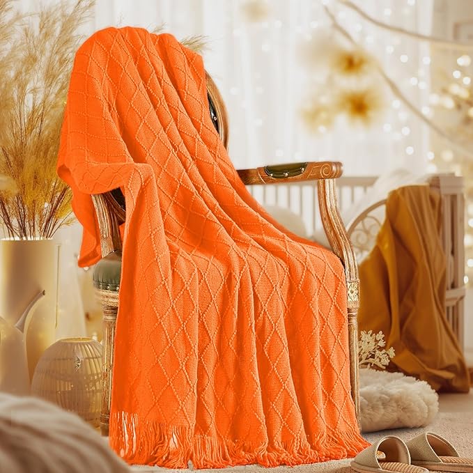 CozyNest Decor burnt orange fall throw blanket, soft knitted blanket for couch or outdoor, 50x60 inches, autumn farmhouse decor.