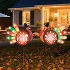 CozyNest Decor 2-pack metal Thanksgiving yard signs with LED lights, featuring turkey and fall harvest designs for garden or lawn decor.