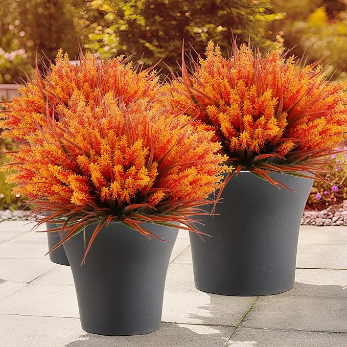 CozyNest Decor artificial fall flowers with orange faux lavender and monkey grass, UV resistant plastic plants for outdoor garden decor