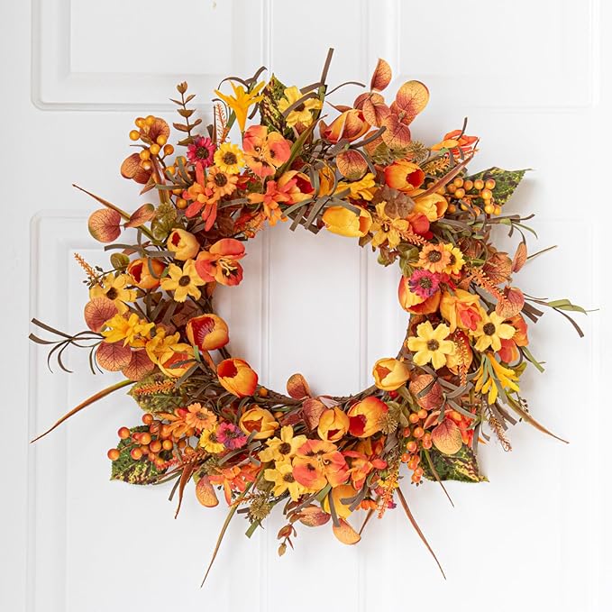 Rustic 18-inch fall wreath with orange tulips, wildflowers, and Phalaenopsis orchids for front door or wall decor.