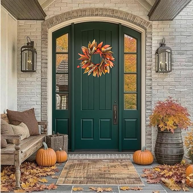 Rustic 24-inch fall corn husk and berry wreath with orange, yellow, and brown accents, perfect for farmhouse front door decor.