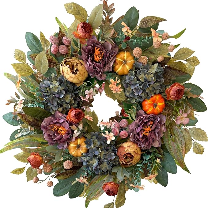 CozyNest Decor 24-inch fall wreath with blue hydrangea, purple peony, orange pumpkins, perfect for front door autumn decoration.