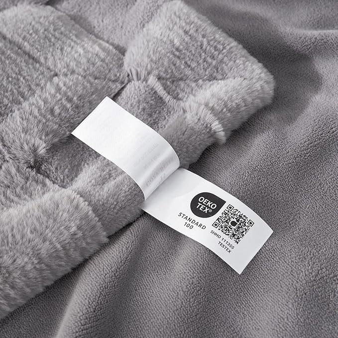CozyNest Decor checkered white faux rabbit fur throw blanket with fluffy grey minky texture, queen size for couch or bed.